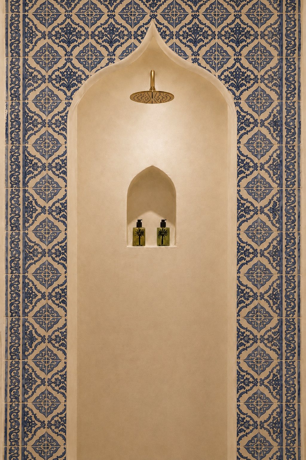 Arched shower alcove framed by decorative blue and cream tiles.