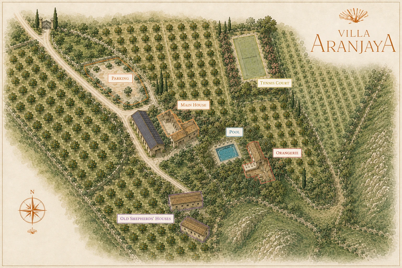 Illustrated map of the Villa Aranjaya grounds showing the Main House, Orangerie, pool, tennis court, parking and Old Shepherds’ Houses